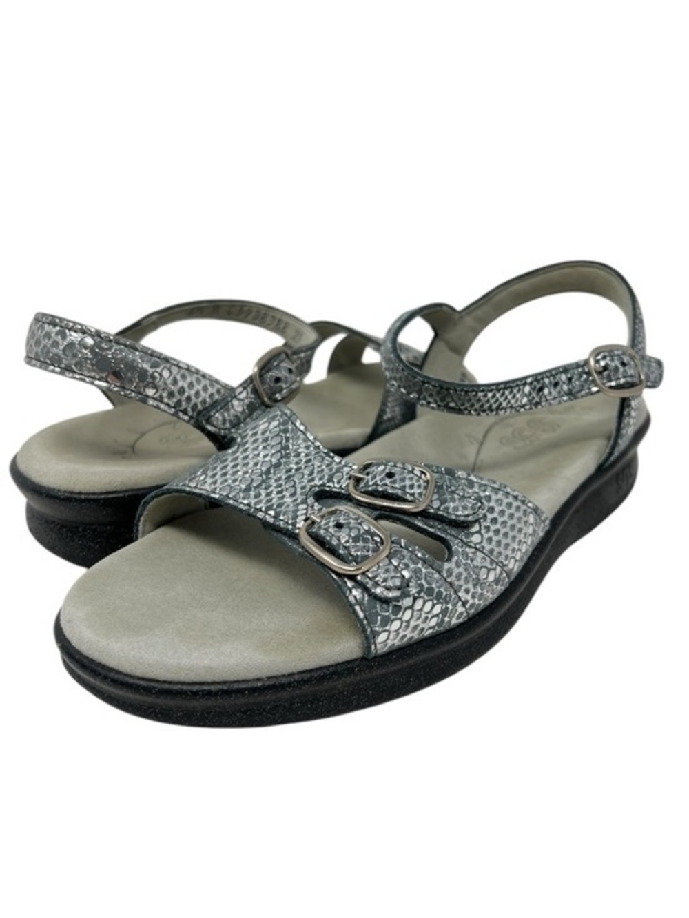 SAS Silver Snake-Print Double Buckle Sandals